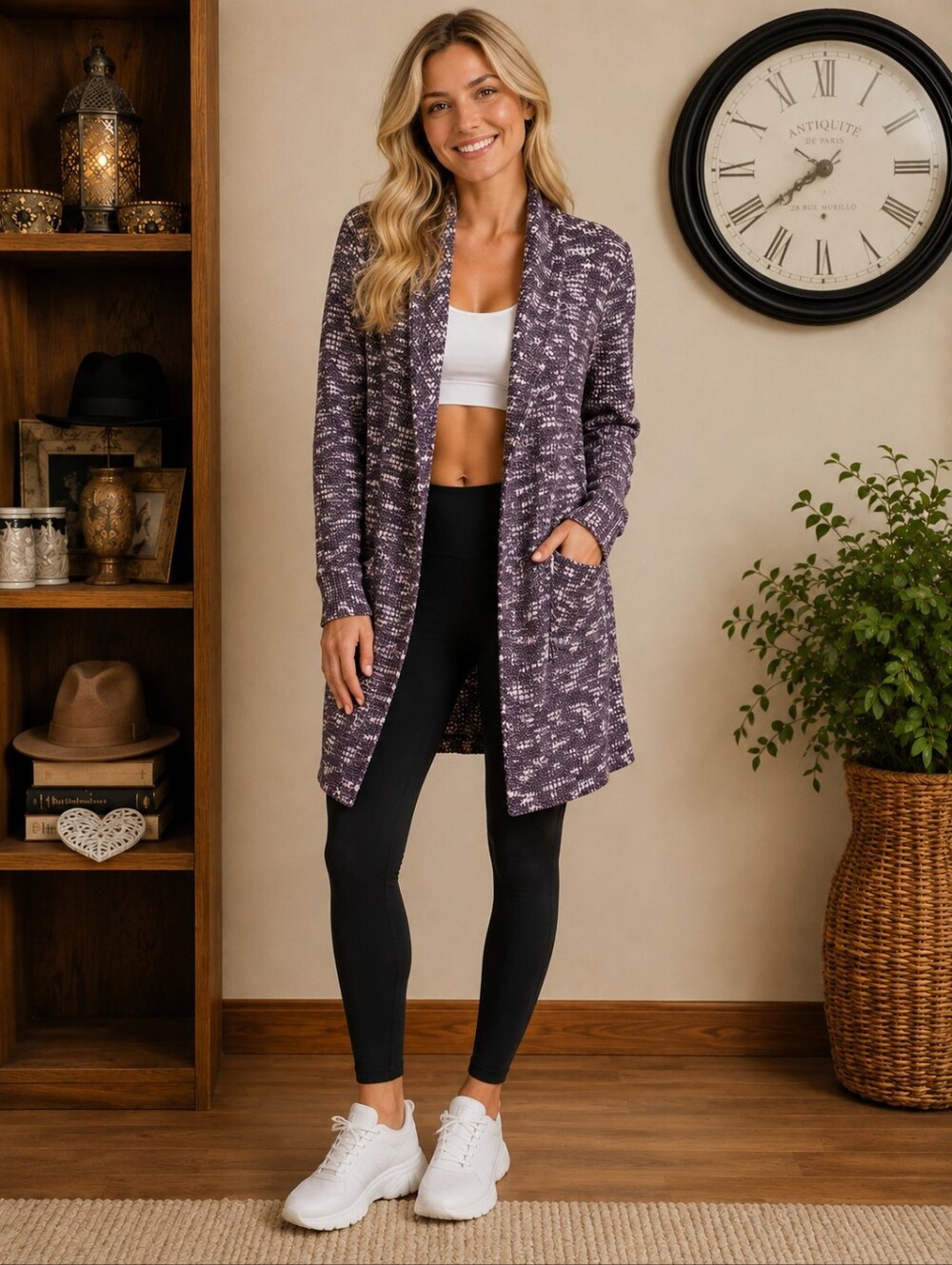 Fabletics Cozy Open-Front Marled Cardigan Purple White Size XL